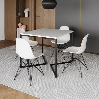 Mesa Jantar Industrial Quadrada 90Cm Branca Base V Com 4 Cadeiras Eames Eiffel Brancas Ferro Preto