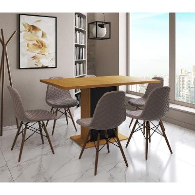 Mesa Jantar Londres Retangular Canela 137X90 Base Preta 6 Cadeiras Estofadas Nude Médio Madeira