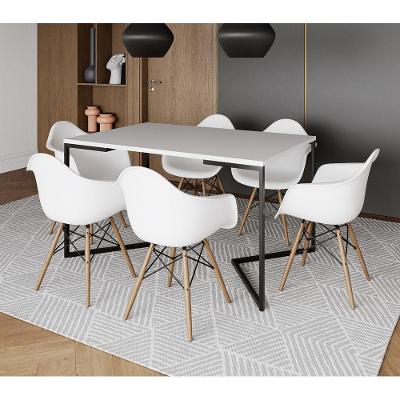 Mesa Jantar Industrial Preta Retangular 137X90Cm Base V Ferro Preto Com 6 Poltronas Bra Marrom