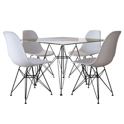 Mesa De Jantar Eames Eiffel Quadrada Vidro 90Cm Com 4 Cadeiras Brancas Base Ferro Preto