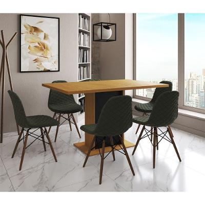 Mesa Jantar Londres Retangular Canela 137X90 Base Preta 6 Cadeiras Estofadas Verde Madeira