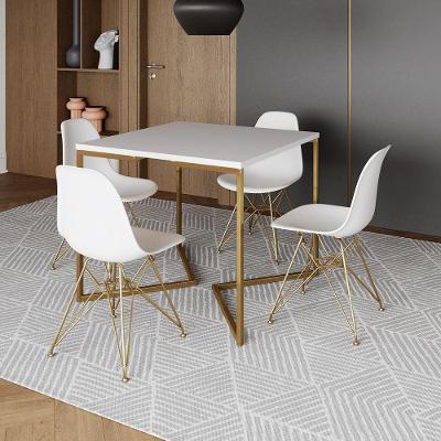 Mesa Jantar Industrial Quadrada 90Cm Branca Base V Com 4 Cadeiras Eames Eiffel Brancas Base Dourada