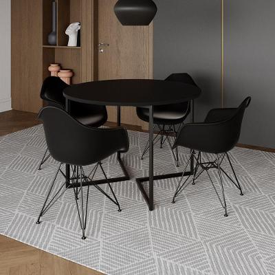 Mesa Industrial Jantar Redonda 110Cm Preta Base V Com 4 Poltronas Pretas Ferro Preto Marrom