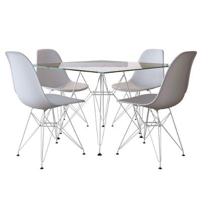 Mesa De Jantar Vidro Com 4 Cadeiras Brancas Eames Eiffel Quadrada 90Cm Base Ferro Branco