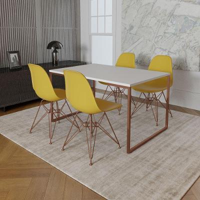 Mesa Industrial Base Ferro Cobre 137X90 Tampo Branco 4 Cadeiras Eiffel Ferro Cobre Assento Amarelo
