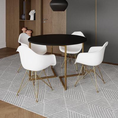 Mesa Jantar Industrial Preta 110Cm Redonda Base V Com 4 Poltronas Daw Brancas Base Dour Preto