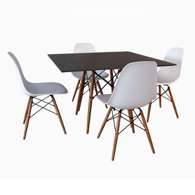 Mesa De Jantar Eames Eiffel Wood Quadrada Preta 90Cm Base Madeira Maciça Com 4 Cadeiras Brancas
