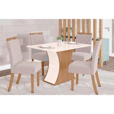 Sala de Jantar Completa Luiza c/ Tampo Madeirado Canto Reto 120cm + 4 Cadeiras Bella Nature/Veludo Light Linho - Henn