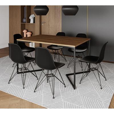 Mesa Industrial Jantar Retangular 137X90Cm Amêndoa Base V Com 6 Cadeiras Eames Eiffel Pretas Ferro P