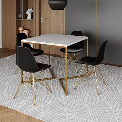 Mesa Jantar Industrial Quadrada 90Cm Branca Base V Com 4 Cadeiras Eames Eiffel Pretas Base Dourada
