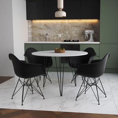 Mesa Jantar Redonda 110Cm Branca Clips 3 Pés Com 4 Poltronas Pretas Ferro Preto Branco