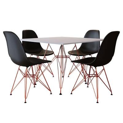 Mesa De Jantar Eames Eiffel Quadrada Branca 90Cm Com 4 Cadeiras Pretas Base Ferro Cobre