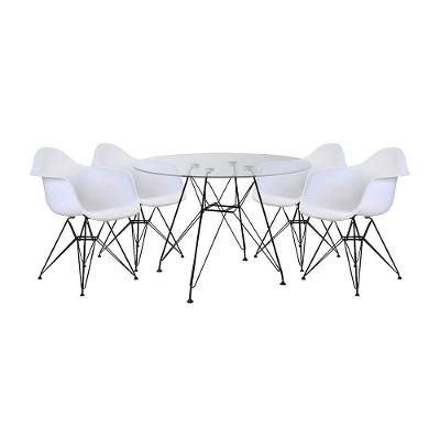 Mesa De Jantar Vidro Redonda 90Cm Com 4 Poltronas Brancas Ferro Preto Branco
