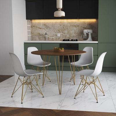 Mesa Jantar Redonda 110Cm Amêndoa Clips 3 Pés Com 4 Cadeiras Eames Eiffel Brancas Base Dourada