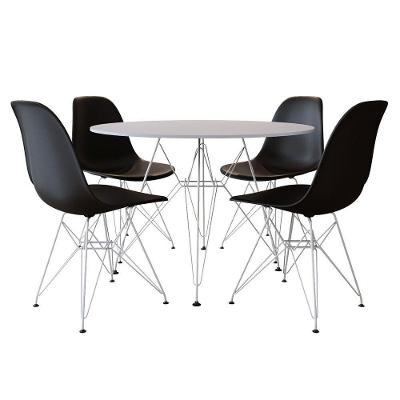 Mesa De Jantar Com 4 Cadeiras Pretas Eames Eiffel Tampo Redondo Branco 110Cm Base Ferro Branco