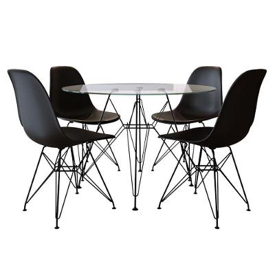 Conjunto Mesa Jantar Eames Eiffel 90Cm Redonda Vidro Com 4 Cadeiras Pretas Base Ferro Preto