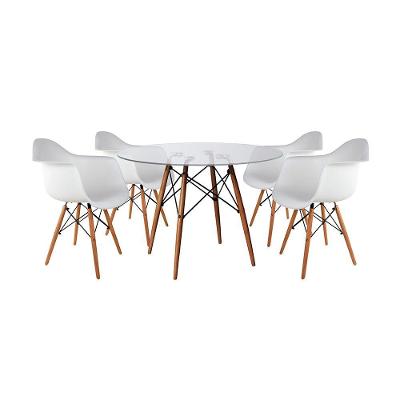 Mesa Sala De Jantar Redonda Vidro 90Cm Com 4 Poltronas Brancas Base Madeira Maciça Branco