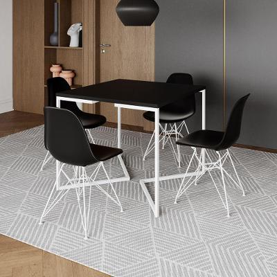 Mesa Industrial Quadrada Jantar Preta 90Cm Base V Com 4 Cadeiras Pretas Eames Eiffel Ferro Branco