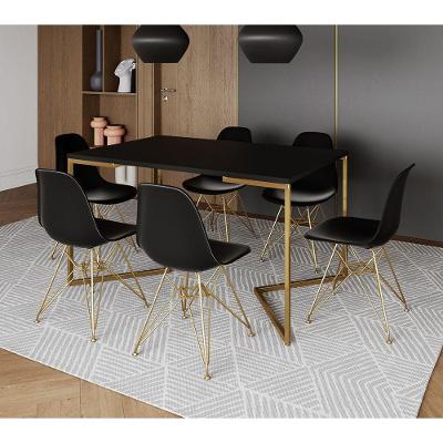 Mesa Jantar Industrial Retangular 137X90Cm Preta Base V Com 6 Cadeiras Eames Eiffel Pretas Base Dour