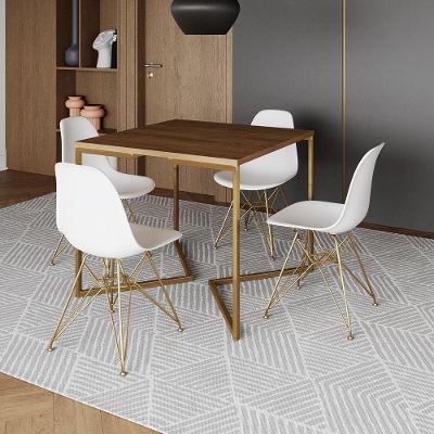 Mesa Jantar Industrial Quadrada 90Cm Amêndoa Base V Com 4 Cadeiras Eames Eiffel Brancas Base Dourada
