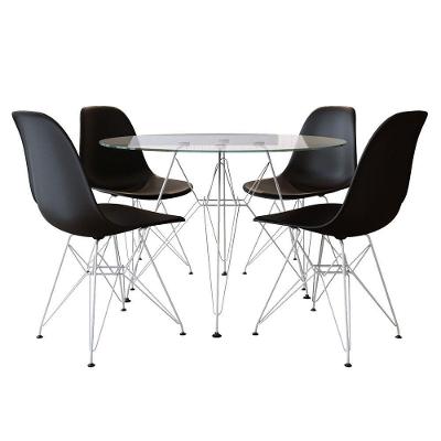 Sala De Jantar Mesa Eames Redonda Vidro 90Cm Base Ferro Branco Com 4 Cadeiras Pretas