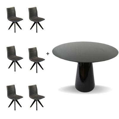 Conjunto Mesa De Jantar Cone 140 Cm Laca Preta Com Cadeiras Cercatto Giratória Revestida Em Tecido Linho Cinza Chumbo Cor Preto