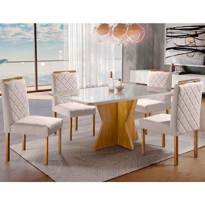 Conjunto Sala De Jantar 4 Lugares Moscou Madeira Maciça E Tampo Com Vidro Mel/off White/ Bege Areia