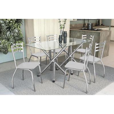 Conjunto: Mesa de Cozinha Volga c/ Tampo de Vidro 150cm + 6 Cadeiras Portugal Cromada/Branco - Kappesberg