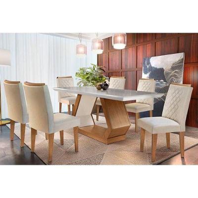 Conjunto: Mesa Sala Jantar Alvorada c/ Tampo Madeirado Canto Reto  180cm + 6 Cadeiras Jade Imbuia/Creme - Rufato