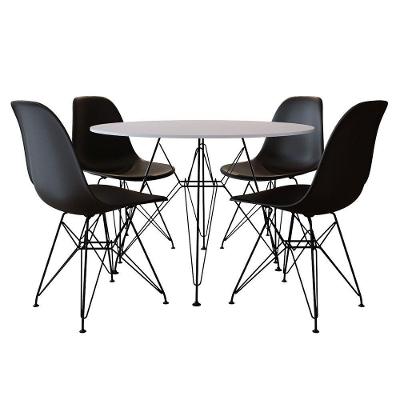 Conjunto Mesa Jantar Eames Redonda Preta 90Cm Com 4 Cadeira Brancas Base Ferro Preto