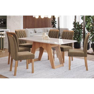 Conjunto: Mesa Sala Jantar Carol c/ Tampo Madeirado c/ Vidro 180cm + 6 Cadeiras Juliana Nature/Off White/Madeira/Joli - Cimol