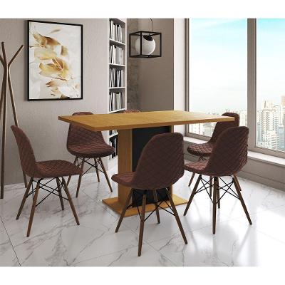 Mesa Jantar Londres Retangular Canela 137X90 Base Preta 6 Cadeiras Estofadas Caramelo Madeira