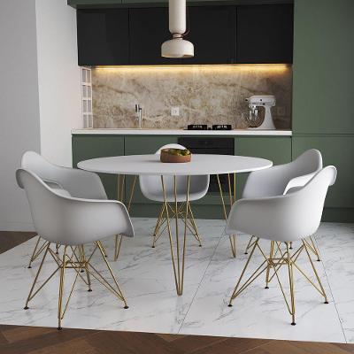 Mesa Jantar Redonda 110Cm Branca Clips 3 Pés Com 5 Poltronas Brancas Base Dourada Marrom