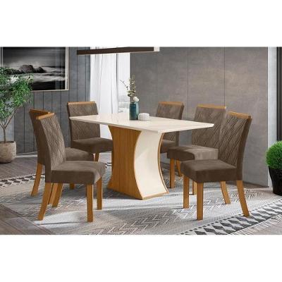 Conjunto: Mesa Sala Jantar Luiza c/ Tampo Madeirado c/ Vidro Canto Reto 160cm + 6 Cadeiras Vita Nature/Veludo Light Bege Vanilla - Henn