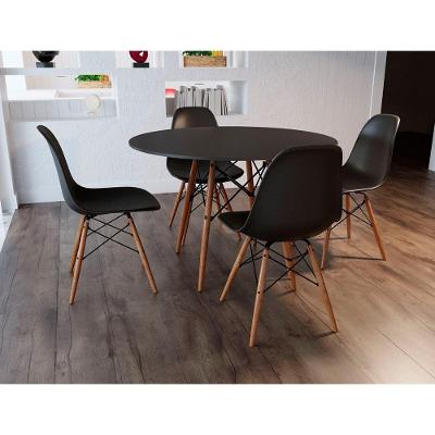 Conjunto Mesa Jantar Redonda Eames Eiffel Dkr 90Cm Preta Com 4 Cadeiras Pretas Madeira Maciça