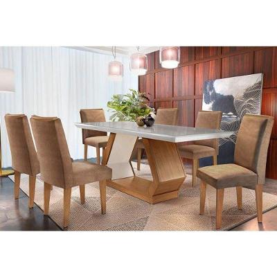 Sala de Jantar Completa C/ Tampo Vidro Canto Reto 180cm + 6 Cadeiras Lunara Imbuia Chocolate Capuccino