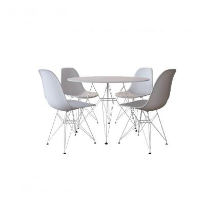 Conjunto Mesa Jantar Eames Eiffel Redonda Branca 90Cm Com 4 Cadeiras Brancas Base Ferro Branco