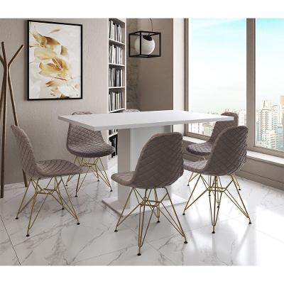 Mesa Jantar Londres Retangular Branca 137X90 6 Cadeiras Estofadas Nude Médio Base Dourado