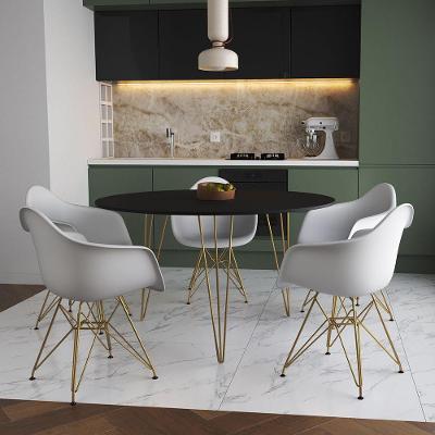 Mesa Jantar Redonda 110Cm Preta Clips 3 Pés Com 5 Poltronas Brancas Base Dourada Marrom
