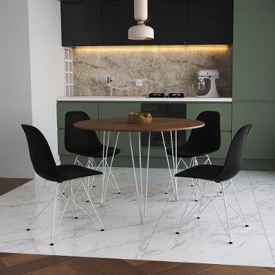 Mesa Jantar Redonda 110Cm Amêndoa Clips 3 Pés Com 4 Cadeiras Eames Eiffel Pretas Ferro Branco