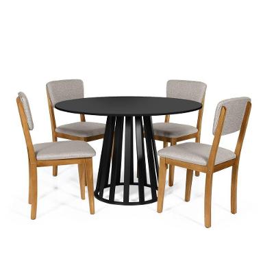 Mesa De Jantar Redonda Gabi Preta Com 4 Cadeiras Estofadas Ella Cinza Claro