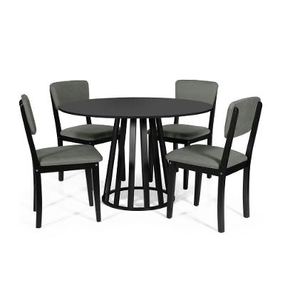 Mesa De Jantar Redonda Gabi Preta Com 4 Cadeiras Estofadas Ella Preto/cinza