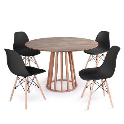 Conjunto Mesa De Jantar Redonda Talia Amadeirada Natural 120cm Com 4 Cadeiras Eames Eiffel - Preto