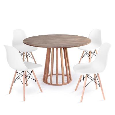 Conjunto Mesa De Jantar Redonda Talia Amadeirada Natural 120cm Com 4 Cadeiras Eames Eiffel - Branco