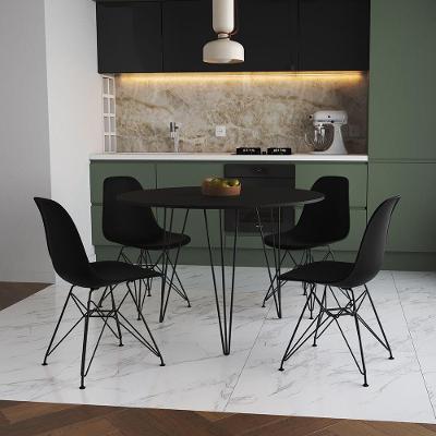 Mesa Jantar Redonda 110Cm Preta Clips 3 Pés Com 4 Cadeiras Eames Eiffel Pretas Ferro Preto