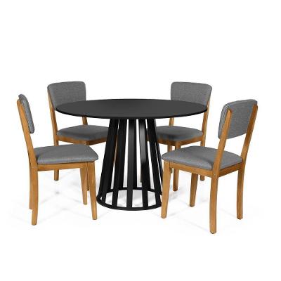 Mesa De Jantar Redonda Gabi Preta Com 4 Cadeiras Estofadas Ella Cinza Escuro
