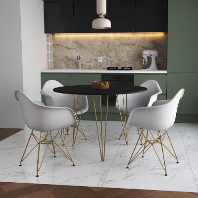 Mesa Jantar Redonda 90Cm Preta Clips 3 Pés Com 4 Poltronas Brancas Base Dourado Preto