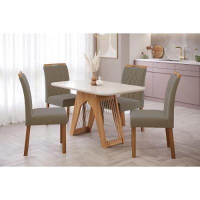 Conjunto: Mesa Sala Jantar Carol c/ Tampo Madeirado c/ Vidro 130cm + 4 Cadeiras Juliana Nature/Off White/Madeira/Joli - Cimol