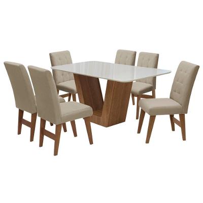 Mesa Safira Com 6 Cadeiras 160cm Cedro/branco Off/bege