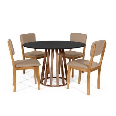 Mesa De Jantar Redonda Gabi Pret/nor Com 4 Cadeiras Estofadas Ella Marrom Claro